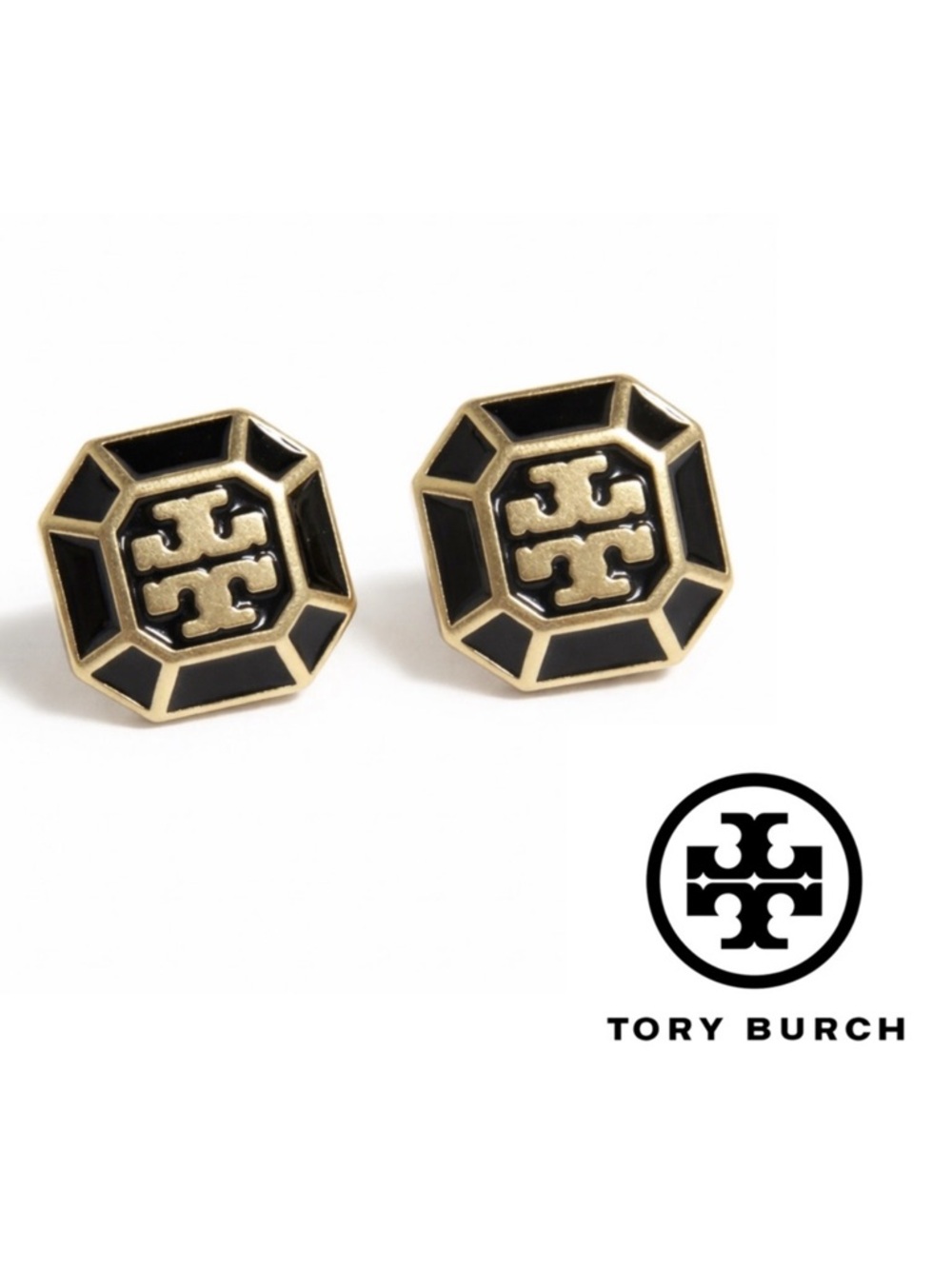 Tory Burch Audrina Octagonal Stud Earrings Black Enamel Gold Tone NEW